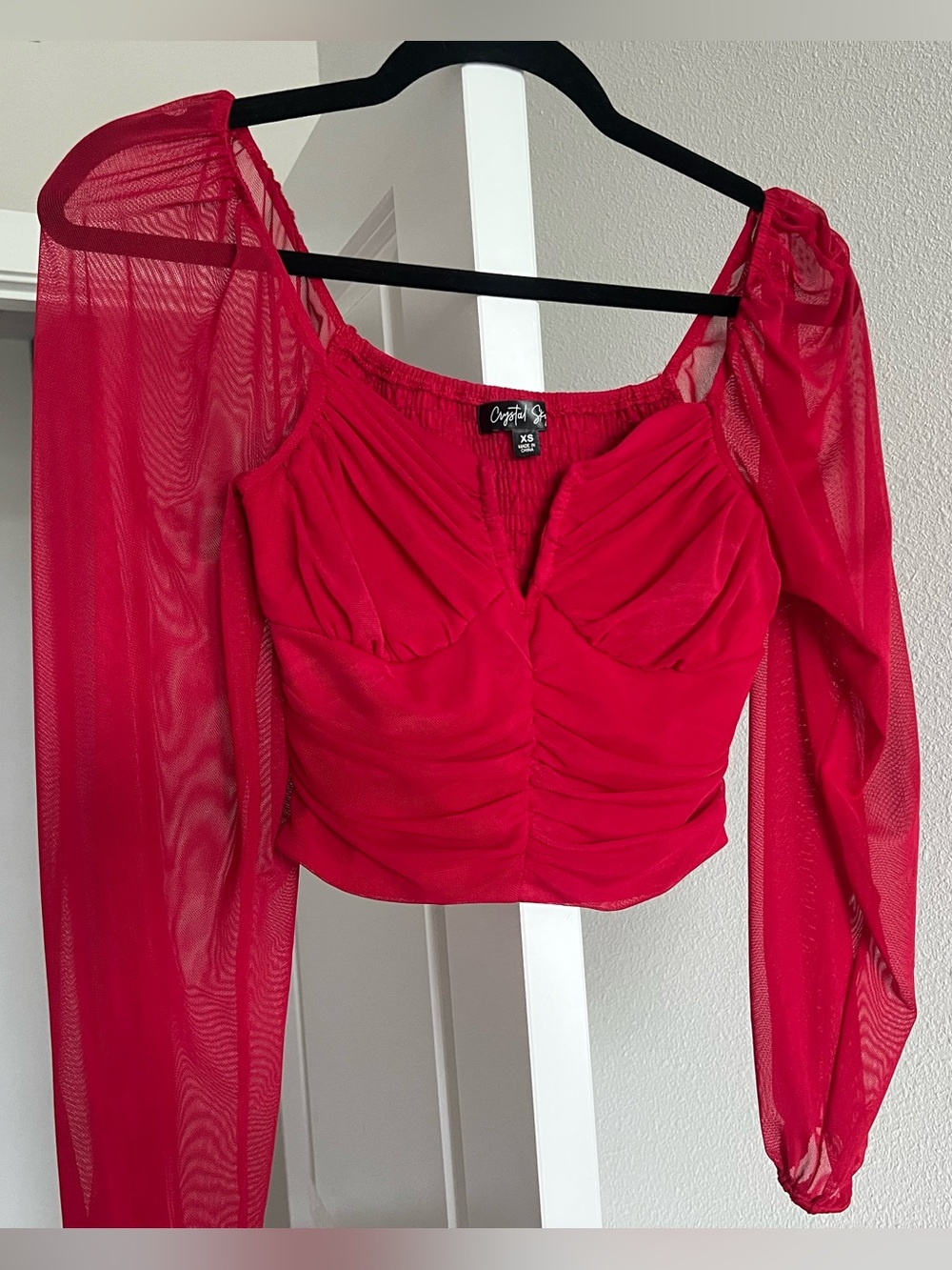 Bright Red Ruched Mesh Crop Top